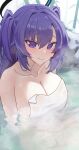  1girl absurdres blue_archive blush closed_mouth collarbone hair_between_eyes halo highres long_hair looking_at_viewer mcbox mechanical_halo naked_towel onsen partially_submerged purple_eyes purple_hair smile solo steam towel two_side_up water white_towel yuuka_(blue_archive) 