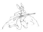  2022 anthro bat bat_ears bikini breast_squish breasts clothing convenient_censorship digitigrade female gun holding_gun holding_object holding_weapon hotchkisstank kneeling looking_at_viewer mammal membrane_(anatomy) membranous_wings monochrome navel nipples overbite_fang ranged_weapon rifle simple_background sling_bikini squish swimwear weapon wings 