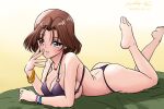  1girl artist_name azumi_(girls_und_panzer) barefoot beach_towel bikini black_bikini blue_eyes bracelet breasts brown_hair cleavage commentary dated earrings girls_und_panzer highres jewelry large_breasts legs_up looking_at_viewer lying matsui_yasutsugu necklace o-ring o-ring_bikini on_stomach open_mouth parted_bangs short_hair signature smile solo swimsuit the_pose thong_bikini towel 