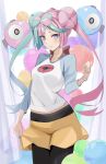  1girl black_pantyhose blue_eyes blush breasts bright_pupils closed_mouth commentary_request cosplay cowboy_shot green_hair hand_up highres iono_(pokemon) multicolored_hair nhb_haribote pantyhose pink_hair pokemon pokemon_(game) pokemon_bw2 pokemon_sv raglan_sleeves raised_eyebrows rosa_(pokemon) rosa_(pokemon)_(cosplay) shirt shorts shorts_tug solo twintails two-tone_hair white_pupils yellow_shorts 