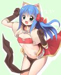  1girl :d animal_ear_fluff animal_ears bangs bikini bikini_top_only blue_hair blush bow brown_capelet brown_gloves capelet cat_ears commentary_request elbow_gloves emurin feet_out_of_frame flat_chest gloves green_background green_eyes hair_bow highres long_hair looking_at_viewer mage_(ragnarok_online) majiko_(emurin) midriff navel open_mouth outline paw_print_tattoo pelvic_curtain ragnarok_online red_bikini red_bow red_skirt showgirl_skirt simple_background skirt smile solo star-shaped_pupils star_(symbol) swimsuit symbol-shaped_pupils white_outline 