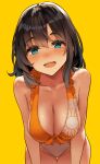  1girl bare_shoulders blue_eyes blush breasts brown_hair cleavage collarbone commentary floral_print highres kekemotsu large_breasts leaning_forward looking_at_viewer medium_hair one-piece_swimsuit open_mouth orange_one-piece_swimsuit original smile solo swimsuit two-tone_swimsuit white_one-piece_swimsuit yellow_background 