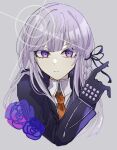  1girl artist_name bangs black_jacket black_ribbon braid closed_mouth cropped_torso danganronpa:_trigger_happy_havoc danganronpa_(series) expressionless flower grey_background grey_hair hair_ribbon hand_up highres index_finger_raised jacket kirigiri_kyouko long_hair long_sleeves ne_mo pink_hair purple_eyes ribbon side_braid simple_background solo 