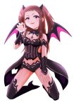  1girl bare_shoulders bikini black_bikini black_collar black_hairband black_sleeves black_thighhighs blush bow brown_hair claw_pose collar demon_horns demon_wings detached_collar detached_sleeves dot_nose e_sen_a1000 fake_horns fake_wings flat_chest full_body hair_bow hairband hand_on_own_leg highres horns idolmaster idolmaster_cinderella_girls idolmaster_cinderella_girls_starlight_stage idolmaster_starlit_season kneeling koseki_reina long_hair looking_at_viewer midriff open_mouth purple_eyes simple_background smile solo swimsuit thighhighs two_side_up v-shaped_eyebrows white_background wings 