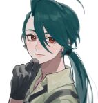  1girl ahoge androgynous aqua_hair black_gloves blurry bright_pupils collared_shirt commentary depth_of_field ear_piercing earrings gloves green_shirt hair_between_eyes hair_over_one_eye hand_on_own_chin highres itou_(very_ito) jewelry long_hair looking_at_viewer low_ponytail one_eye_covered piercing pokemon pokemon_(game) pokemon_sv ponytail portrait red_eyes rika_(pokemon) shirt simple_background solo swept_bangs white_background white_pupils 