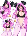  1girl :d black_hair blush blushyspicy breasts cleavage collarbone han_juri heart highres hood hood_up large_breasts looking_at_viewer lying multicolored_hair navel on_back pillow shiny_skin sleeping smile speech_bubble spoken_heart street_fighter street_fighter_6 stuffed_spider tongue tongue_out 