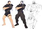  1boy abs bara black_bodysuit blue_eyes bodysuit bulge collage crossed_arms erection full_body highres horned_mask jumpsuit large_pectorals leg_belt looking_at_viewer male_focus mask muscular muscular_male nipples open_jumpsuit original pectorals rathalosx4 short_hair sideburns sketch skull_mask smirk thick_eyebrows thick_thighs thighs undressing 