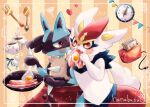  animal_focus apron artist_name bacon blue_bow border bow bread cinderace clock coffee coffee_mug commentary_request crack cup eating egg food fork frying_pan hanabusaoekaki heart holding holding_food lucario mug no_humans pokemon pokemon_(creature) red_eyes spikes spoon streamers sugar_cube toaster white_border white_fur 