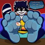  4_toes anthro dialogue dirty_feet feet feet_on_table foot_fetish foot_focus gaming hi_res looking_at_viewer male playing_videogame sodatusk soles solo speech_bubble talking_to_viewer toes 