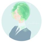  1other androgynous aqua_eyes aqua_hair collared_shirt colored_eyelashes copyright_name crystal_hair expressionless gem_uniform_(houseki_no_kuni) green_eyes green_hair high_collar highres houseki_no_kuni necktie other_focus parted_bangs phosphophyllite puffy_short_sleeves puffy_sleeves shirt short_hair short_jumpsuit short_sleeves solo white_shirt wing_collar 