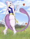  anthro asian_clothing breasts butt chinese_clothing clothing east_asian_clothing female flower generation_1_pokemon hi_res holding_flower holding_object legendary_pokemon looking_at_viewer looking_back looking_surprised mammal martial_arts_style_mewtwo mewtwo nintendo plant pokemon pokemon_(species) pokemon_unite solo tail tcg_(artist) thick_thighs wide_hips 
