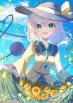  1girl black_headwear blue_sky cloud commentary flower green_eyes green_skirt hat hat_ribbon heart heart_of_string highres koishi_day komeiji_koishi long_sleeves looking_at_viewer open_mouth outdoors ribbon short_hair skirt skirt_basket sky smile solo third_eye touhou tsukikusa white_hair yellow_flower yellow_ribbon 