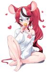  1girl absurdres animal_ears barefoot between_legs blue_eyes cafelittle candy food hakos_baelz hand_between_legs heart highres holding holding_candy holding_food holding_lollipop hololive hololive_english knee_up legs lollipop mouse_ears mouse_tail multicolored_hair red_hair shirt side_ponytail sitting streaked_hair tail thighs toes virtual_youtuber white_background white_shirt 