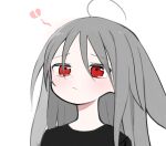  1girl abysmal animal_ears black_shirt blush broken_heart character_request closed_mouth ears_down furrowed_brow grey_hair kokaki_mumose long_hair looking_at_viewer portrait raised_eyebrows red_eyes sad shirt simple_background solo tearing_up upturned_eyes white_background 