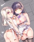  2girls amanagi_seiji apron ass black_hair black_thighhighs blush breast_press breasts breasts_out censored commentary_request cum cum_on_body cum_on_breasts cum_string grey_hair hair_ornament highres large_breasts long_hair looking_at_viewer multiple_girls nipples open_mouth orange_skirt original panties panty_pull plaid plaid_skirt purple_skirt red_eyes see-through see-through_shirt shirt side_ponytail skirt sleeveless sleeveless_shirt smile symmetrical_docking thighhighs underwear white_apron white_panties white_shirt wrist_cuffs yellow_eyes 