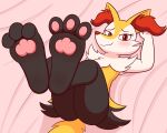  3_toes absurd_res ambiguous_gender anthro aplasticspork barefoot bed blush braixen canid canine canis digital_media_(artwork) eyelashes feet foot_fetish foot_focus fur furniture generation_6_pokemon hi_res inner_ear_fluff lying lying_on_bed mammal nintendo on_back on_bed pawpads paws pokemon pokemon_(species) soles solo toe_curl toes tuft yellow_body yellow_fur 