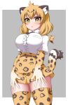  1girl absurdres ahoge animal_ear_fluff animal_ears blonde_hair blush breasts commentary_request cowboy_shot elbow_gloves gloves grey_background hands_on_own_thighs highres jaguar_(kemono_friends) jaguar_ears jaguar_girl jaguar_print jaguar_tail kemono_friends large_breasts looking_at_viewer parted_lips shimosazami solo tail thighhighs two-tone_background white_background yellow_eyes zettai_ryouiki 