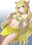  1girl bare_arms bare_shoulders bikini blonde_hair blush breasts celine_(fire_emblem) commentary_request cowboy_shot criss-cross_halter fire_emblem fire_emblem_engage gradient_background green_eyes grey_background hair_ornament halterneck highres long_hair looking_at_viewer navel no_headwear parted_lips sarong small_breasts solo stomach swimsuit tara_(szzj7733) thighs very_long_hair white_background yellow_bikini 
