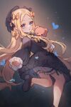  1girl abigail_williams_(fate) black_bow black_dress black_headwear blonde_hair bloomers blue_eyes bow breasts bug butterfly dress fate/grand_order fate_(series) forehead hair_bow hat highres long_hair long_sleeves looking_at_viewer miya_(miyaruta) open_mouth orange_bow parted_bangs ribbed_dress small_breasts solo stuffed_animal stuffed_toy teddy_bear white_bloomers 
