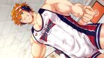  1boy bryce_callahan bulge ceiling collaboration cowboy_shot dutch_angle freckles green_eyes highres indoors jock_studio_(blits_games) male_focus mikkoukun muscular muscular_male non-web_source orange_hair pectorals short_hair solo wrestling_outfit zamius 