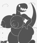  2022 absurd_res anthro belly big_breasts big_nipples bottom_heavy breasts dinosaur dinosaur_(google_chrome) female google google_chrome hand_on_hip hi_res huge_breasts looking_at_viewer monochrome nipples nude open_mouth open_smile reptile scalie signature simple_background smile solo spocky87 standing teeth_showing thick_thighs 