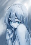  1girl absurdres aqua_eyes blue_theme breasts cleavage dated hair_between_eyes hand_in_own_hair highres long_hair looking_at_viewer medium_breasts monochrome nude original parted_lips simple_background solo twitter_username umibudou upper_body 