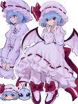  1girl absurdres ascot bat_wings blue_hair blush bow brooch commentary dress fang footwear_bow frills full_body hat hat_ribbon high_heels highres jewelry long_sleeves looking_at_viewer mob_cap mugi_(mugimugi_9kv) multiple_views pink_dress puffy_sleeves purple_dress purple_headwear red_bow red_eyes red_footwear red_ribbon remilia_scarlet ribbon ribbon-trimmed_dress short_hair simple_background skin_fang smile touhou white_background wings 
