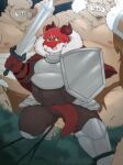  2023 anthro bandage belly big_belly bottomwear brown_body clothing dragon dragon_night800 green_eyes group hi_res kemono loincloth male mammal melee_weapon moobs nipples overweight overweight_male red_body shield suid suina sus_(pig) sword weapon wild_boar 