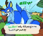  animal_crossing anthro bam_(animal_crossing) big_butt bodily_fluids butt clothing deer ducktape_lizard_inc embarrassed emote girly male mammal nintendo solo sweat tearing_clothing tears text torn_clothing tripping wardrobe_malfunction waterfall 