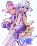  2boys :o androgynous back-to-back blue_hair blush bonnet ensemble_stars! green_eyes hand_on_own_chest highres himemiya_tori long_sleeves multiple_boys myi_ntm open_mouth pink_hair purple_eyes shino_hajime sketch smile white_background 