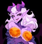  absurd_res breasts cc-by-nc-nd creative_commons demon demon_humanoid eyebrows female fingers hair hi_res horn horned_humanoid humanoid humanoid_pointy_ears jun-kou midnight_(jun-kou) not_furry open_mouth open_smile purple_body purple_skin smile solo succubus 