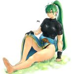  1girl absurdres barefoot black_leotard clothes_removed feet fire_emblem fire_emblem:_the_blazing_blade gloves grass green_eyes green_hair highres knee_up legs leotard lyn_(fire_emblem) muscular on_floor ponytail soles thighs toes 