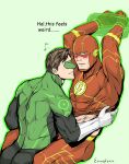  2boys artist_name ass bara barry_allen black_bodysuit blush bodysuit bound bound_wrists brown_hair closed_mouth dc_comics domino_mask english_text evinist gloves green_bodysuit green_lantern green_lantern_(series) hal_jordan jewelry large_pectorals looking_at_another male_focus mask multiple_boys muscular muscular_male pectorals red_bodysuit restrained ring short_hair simple_background smile the_flash the_flash_(series) white_gloves yaoi 