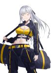  1girl ak-12_(girls&#039;_frontline) black_pants breasts cleavage closed_eyes closed_mouth facing_viewer girls&#039;_frontline grey_hair holding_strap long_hair long_sleeves medium_breasts pants puffy_long_sleeves puffy_sleeves shrug_(clothing) simple_background smile solo vasant_(mskyreach) very_long_hair white_background 
