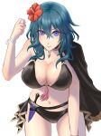  0701mono 1girl belt bikini black_belt black_bikini black_cape blue_eyes blue_hair breasts byleth_(female)_(fire_emblem) byleth_(fire_emblem) cape commentary_request cowboy_shot dagger fire_emblem fire_emblem:_three_houses fire_emblem_heroes flower hair_between_eyes hair_flower hair_ornament hand_up hibiscus highres knife large_breasts long_hair looking_at_viewer navel official_alternate_costume red_flower simple_background single_bare_shoulder solo standing stomach swimsuit thighs weapon white_background 