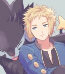  1boy blonde_hair blue_eyes blue_jacket closed_mouth collarbone commentary_request grey_background highres jacket komasawa_(fmn-ppp) looking_to_the_side luxray male_focus open_clothes open_jacket pants pokemon pokemon_(creature) pokemon_dppt shirt short_hair smile volkner_(pokemon) 