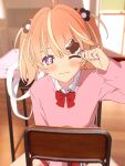  +_+ 1girl 3d :3 ahoge bag blender_(medium) blonde_hair blurry blurry_background blush bow bowtie bright_pupils chair classroom closed_mouth collared_shirt cowboy_shot day desk dot_nose flower food food_request hair_flower hair_ornament hand_up highres holding holding_food indoors long_sleeves looking_at_viewer medium_hair multicolored_eyes multicolored_hair one_eye_closed orange_hair pink_bag pink_eyes pink_sweater plaid plaid_skirt purple_eyes red_bow red_bowtie red_skirt rinne_(rinrinne) rinrinne rinrinne39_(artist) school_bag school_chair school_desk school_uniform shirt sitting sitting_backwards skirt smile solo split_mouth streaked_hair sweater two_side_up valentine virtual_youtuber white_pupils white_shirt wooden_floor 