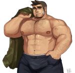  1boy abs absurdres ace_attorney alternate_body_hair alternate_pectoral_size bandaid bandaid_on_cheek bandaid_on_face bara beard big_nose body_hair brown_hair bulge chest_hair commentary cowboy_shot dick_gumshoe english_commentary facial_hair goatee hairy hand_in_pocket highres holding holding_clothes holding_jacket jacket large_bulge large_pectorals long_sideburns looking_at_viewer male_focus mature_male muscular muscular_male navel navel_hair nipples pectorals revision ruslorc short_hair sideburns simple_background solo stomach thick_arms thick_eyebrows thick_thighs thighs topless_male 