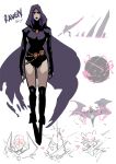  1girl absurdres black_leotard boots breasts cape character_name colored_skin dc_comics english_commentary forehead_jewel full_body grey_skin highres kjlbs knee_boots leotard looking_at_viewer medium_breasts purple_eyes purple_hair raven_(dc) short_hair solo teen_titans umbrakinesis 