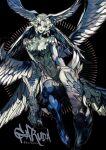  1girl artist_name black_background breasts claws collarbone denny626 english_text feathered_wings feathers final_fantasy final_fantasy_xiv full_body garuda harpy head_wings highres lips monster_girl multiple_wings signature solo talons white_wings wings 