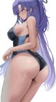 1girl absurdres ass ass_focus blue_archive blush breasts closed_mouth competition_swimsuit dubeaduver from_side halo highres large_breasts long_hair one-piece_swimsuit purple_eyes purple_hair sideboob simple_background solo sweat swimsuit very_long_hair white_background yuuka_(blue_archive) 
