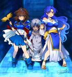  1boy 2girls arle_nadja armor blood blue_eyes blue_footwear blue_hair blue_hairband blue_skirt brown_hair hairband holding holding_staff long_hair looking_at_viewer madou_monogatari multiple_girls on_ground ponytail puyopuyo ri25to rulue_(puyopuyo) schezo_wegey shoulder_armor sitting skirt staff standing white_hair yellow_eyes 