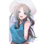  1girl :d arms_behind_back bangs blue_eyes blue_shirt breasts brown_hair commentary_request earrings green_(pokemon) hat jewelry long_hair looking_at_viewer marutoko45 open_mouth pokemon pokemon_adventures shirt sleeveless sleeveless_shirt smile solo teeth tongue upper_teeth_only white_headwear 