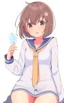  1girl blue_neckerchief bra_visible_through_clothes brown_eyes brown_hair commentary_request dress flower food hair_flower hair_ornament highres kantai_collection kure_jirou looking_at_viewer neckerchief popsicle sailor_dress short_hair simple_background solo sweat tongue tongue_out white_background yellow_neckerchief yukikaze_(kancolle) 