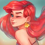  1girl ariel_(disney) artist_name blue_eyes blush chrissabug earrings jewelry long_hair looking_at_viewer one_eye_closed portrait red_hair shell shell_earrings simple_background solo the_little_mermaid watermark 