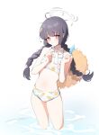  1girl absurdres bikini black_hair blue_archive braid bright_pupils chinese_commentary closed_mouth feet_out_of_frame food halo hat highres holding holding_food holding_popsicle leaf leaf_print long_hair looking_at_viewer miyu_(blue_archive) miyu_(swimsuit)_(blue_archive) navel neck_ribbon popsicle print_bikini red_eyes ribbon simple_background solo straw_hat swimsuit tiaowen_xiao_qiezi twin_braids wading water white_background white_bikini white_pupils 