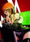  1girl ahoge bare_shoulders behind-the-head_headphones black_shorts black_thighhighs blush breasts candy chair cleavage english_text fellatio food glasses green_jacket headphones highres holding holding_candy holding_food holding_lollipop jacket javierbolado leaning_forward lollipop looking_at_viewer monitor off_shoulder open_mouth oral orange_hair persona persona_5 phallic_symbol red_background round_eyewear sakura_futaba saliva saliva_trail short_shorts shorts simulated_fellatio sitting solo sweat thighhighs thighs yellow_eyes 