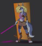  anthro black_nose blonde_hair blue_body blue_fur bottomwear bra breasts canid canine canis charity_cross clothed clothing commandercross digitigrade_footwear female fur gloves_(marking) green_eyes hair hi_res lightsaber mammal markings melee_weapon navel shorts solo star_wars tail translucent translucent_clothing underwear weapon wolf 