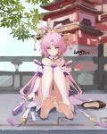  1girl absurdres architecture bare_shoulders barefoot brown_eyes east_asian_architecture feet foot_focus forehead_jewel fu_xuan_(honkai:_star_rail) hair_ornament highres honkai:_star_rail honkai_(series) knees_up leaf long_hair nekochan233 pink_hair presenting_foot shoes shoes_removed sitting smile soles solo toes 