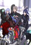 3boys :d ahoge airport aqua_eyes bag belt black_belt black_cape black_footwear black_hakama black_jacket black_nails black_necktie black_pants blue_eyes blue_fire blue_hair blunt_ends blurry blurry_background book book_holster buttons cape cart cat checkered_clothes checkered_kimono collared_shirt crossed_legs dark_blue_hair double-breasted dress_shirt duffel_bag earrings fire full_body genzuki_toujirou gloves grey_hair grey_kimono grey_shirt grin hair_between_eyes hair_ornament hair_stick hakama hakama_pants half_updo highres holding holding_bag instrument_case jacket japanese_clothes jewelry kaida_haru kaida_haru_(1st_costume) katana kimono long_hair long_sleeves looking_at_another looking_back male_focus mismatched_earrings multiple_boys multiple_swords nagao_kei nagao_kei_(1st_costume) necktie nijisanji oshi_rhymes_aao oxfords pants parted_lips ponytail purple_eyes purple_hair pushing pushing_cart red_eyeliner red_hakama rolling_suitcase running sheath sheathed shirt shoes short_hair sitting smile sticker suitcase swept_bangs sword tassel tassel_earrings tasuki teeth triangle_print valz virtual_youtuber weapon white_cat white_gloves white_kimono white_shirt wolf 